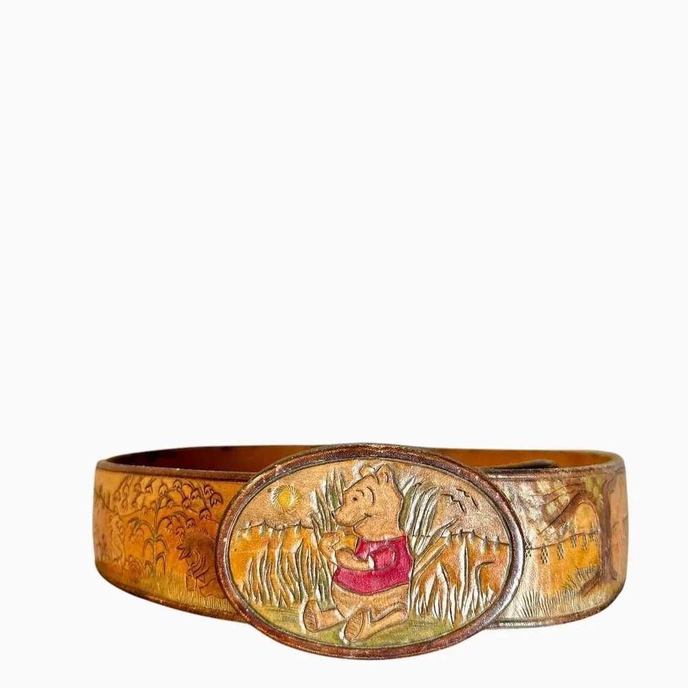 70s Hand Tooled Winnie the Pooh Leather Belt - Size 23-29